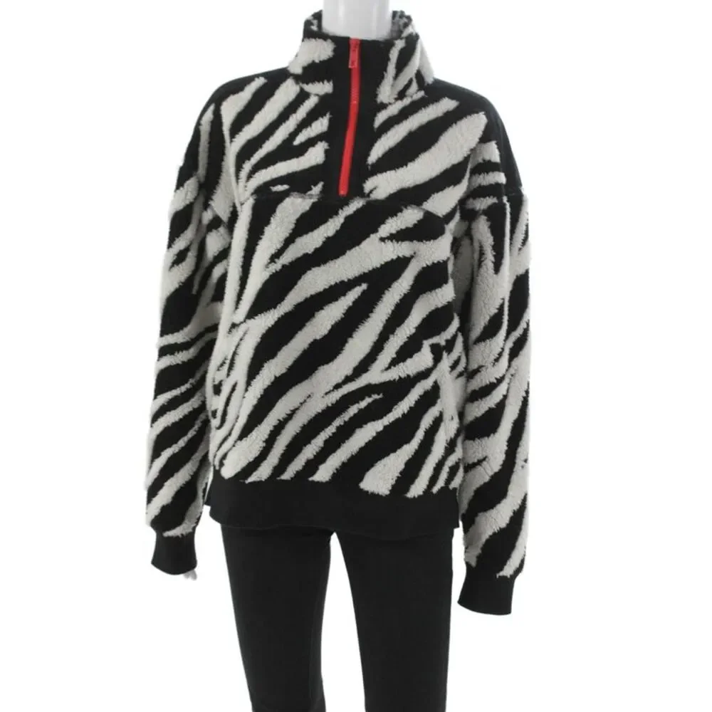 Rag & Bone Womens Pullover Animal Print High Neck Zip Sweatshirt Black Size M